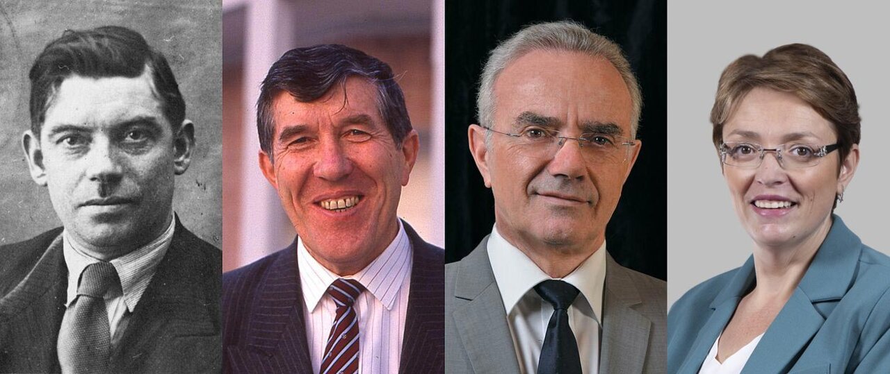 Les maires depuis la Seconde Guerre mondiale. De gauche à droite : Gilbert Berger, Georges Prudhomme, François Asensi, Virginie De Carvalho